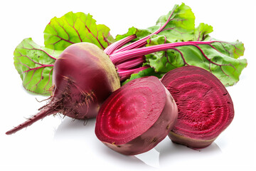 Red beet with leaves on white background.