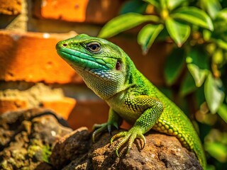 Fototapeta premium Vibrant green scales glisten on a small reptile's body as it basks in warm sunlight on a weathered brick wall amidst foliage and evening shadows.