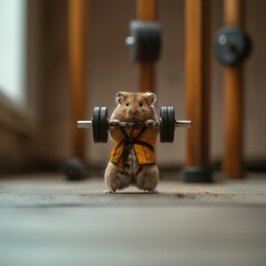 Plakat A cute hamster in a yellow vest is lifting a barbell in a home gym