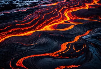 vibrant dynamic lava flow patterns displayed diverse textures surfaces capturing beauty fiery creations, molten, eruption, geological, landscape, orange