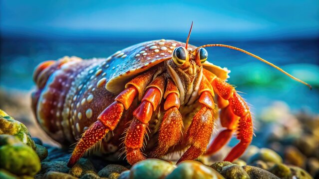 Vibrant orange hermit crab's eye and antennae details sharply focused against a blurred oceanic background, showcasing intricate texture and natural colors of the crustacean's shell.