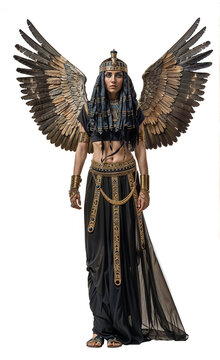 Winged Egyptian goddess or queen with headdress, ornate jewelry, striking pose and outstretched wings. Detailed costume has intricate patterns and symbols. Powerful representation of divine feminity