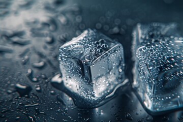 Close-up of glistening ice cubes on a wet surface, capturing the essence of cold refreshment.