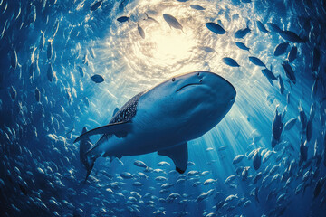 Obraz premium Whale shark gracefully swims with colorful fish in the blue ocean, filtering plankton with its open mouth. This stunning underwater scene captures marine life's beauty and wonder