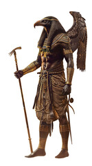 Obraz premium Horus god depicted as winged figure with falcon head. Detailed Egyptian character with golden accents holding ornate staff. Ancient deity representation isolated on blank white backdrop