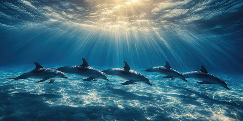 Pod of dolphins gracefully swimming in the deep blue ocean, basking in sunlight. A majestic display of nature's beauty and peaceful underwater serenity