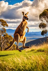 vibrant kangaroo leaps across stunning australian landscapes under bright blue sky lush greenery majestic mountains, wildlife, nature, scenery, beautiful