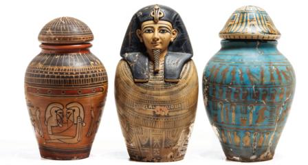 Trio of decorative Egyptian canopic jars. Painted ceramic vessels with intricate hieroglyphics and symbolic imagery. A jar features pharaoh's head as lid, isolated on transparent blank background