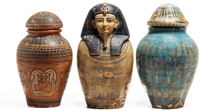 Trio of decorative Egyptian canopic jars. Painted ceramic vessels with intricate hieroglyphics and symbolic imagery. A jar features pharaoh's head as lid, isolated on transparent blank background