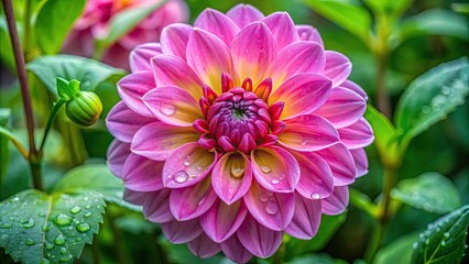 Vibrant petals of a delicate pink flower unfurl from a soft yellow center, surrounded by lush green leaves and subtle morning dew droplets.