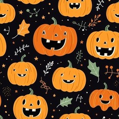 Seamless halloween pattern with bright orange pumpkins, bats, and spider webs on black background