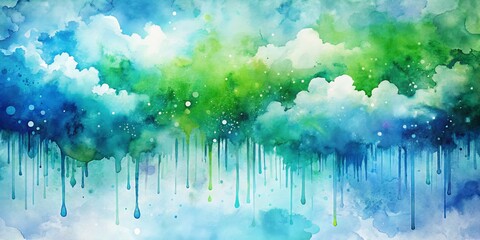 Obraz premium Abstract Watercolor Dripping Sky, Green, Blue, Clouds , abstract art, watercolor painting, digital art