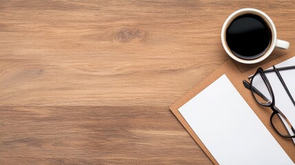 Business plan blueprint on a wooden desk with coffee and glasses, strategic planning concept