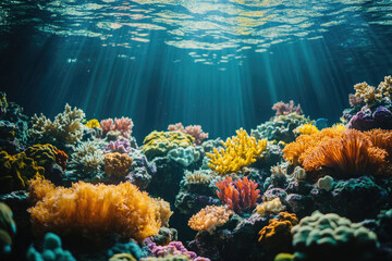 Fototapeta premium An underwater world of different types of corals. Many colorful fish swim on a coral reef full of anemones and colorful corals. The underwater scene is illuminated by natural light.