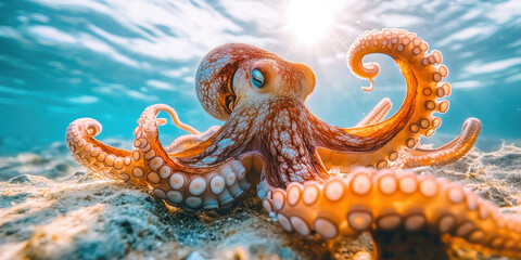 Giant pacific octopus gracefully swims in the deep blue ocean, its colorful tentacles undulating in the sunlight