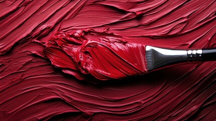 An artistic close-up featuring a paintbrush applying thick, luscious strokes of red oil paint,...