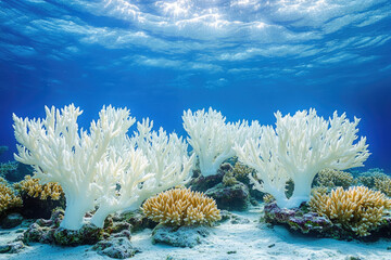 Bleached coral struggles in warming ocean, highlighting need for conservation in fragile ecosystem. Global warming impacts marine life