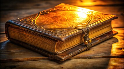 Vintage book with worn leather cover and yellowed pages, partially opened to reveal a beautiful, intricate illustration, with subtle lighting and gentle shadows.