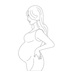 Beautiful outline pregnant woman, long hair, dress on white background for posters, banners, icons, webs	