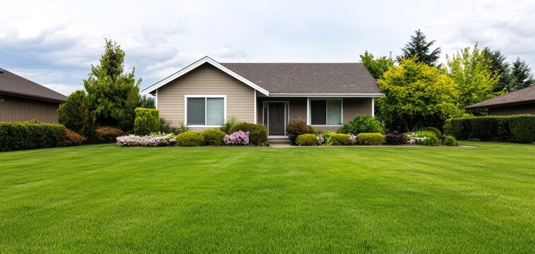 Charming suburban homes with manicured lawns on a sunny day, showcasing the ideal of modern family living in a peaceful neighborhood