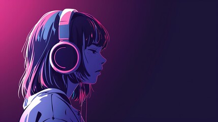 A vector illustration of an anime girl with headphones against a dark background, lofi art style with pastel and neon glow, creating a calming and low saturation visual experience