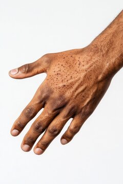 Close-up of a hand with multiple skin lesions, illustrating a case of infectious disease or dermatological condition