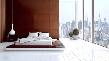 Modern bedroom interior with brown wall panels, white wooden floor, and a large window overlooking the cityscape