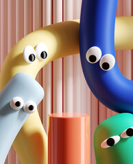 Minimal product background for sale promotion concept. Pastel tube cartoon with googly eyes and podium on pink corrugate background. 3d render illustration. Clipping path of each element included.