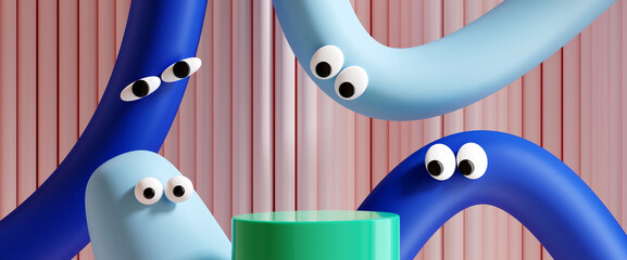 Minimal product background for sale promotion concept. Pastel tube cartoon with googly eyes and podium on pink corrugate background. 3d render illustration. Clipping path of each element included.
