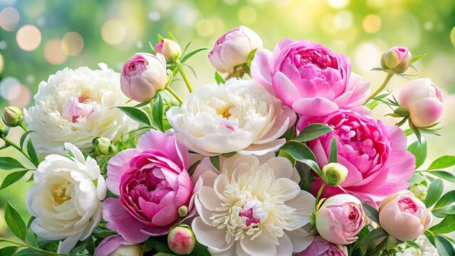 Vibrant pink peonies and delicate white roses surrounded by lush greenery adorn a soft, creamy background, perfect for a heartfelt greeting card design. - Powered by Adobe