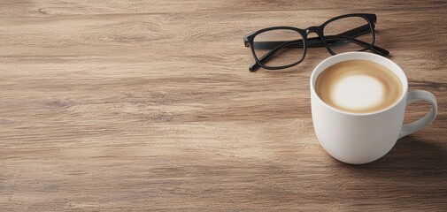 Coffee cup, business plan layout, glasses, wooden desk, focused strategy, 3D illustration