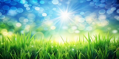 Fototapeta premium Green Grass Field With Blue Sky And Sun, Nature, Field, Grass