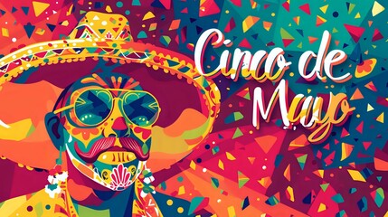 Colorful and vibrant Cinco de Mayo celebration poster featuring a stylized figure wearing a sombrero and sunglasses, capturing the festive spirit. Perfect for cultural events, holiday promotions,