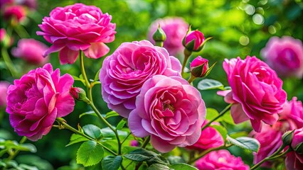 Vibrant pink roses bloom amidst lush green foliage on a thorny stem, delicate petals unfolding from tight buds, capturing the essence of natural beauty and serenity.