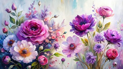 Vibrant purple and pink flowers splashed across a white canvas, surrounded by delicate brushstrokes and subtle texture, creating a stunning piece of modern abstract floral art.