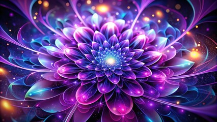 Obraz premium Vibrant purple flower blooms amidst swirling digital fractals, glowing neon lights, and shimmering stars in a mesmerizing fusion of nature and futuristic digital art.
