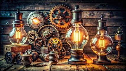 Vintage-inspired still life of antique lightbulbs in various shapes and sizes, surrounded by gears and tools, evoking a sense of industrial innovation and nostalgia.
