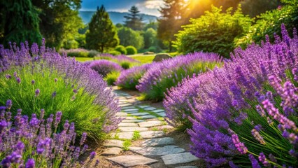 Fototapeta premium Vibrant purple lavender blooms sway gently in the soft sunlight, surrounded by lush greenery and rustic stone paths in a serene natural garden setting.