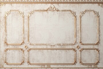 Classic wall of old gold stucco panels paint. Background.