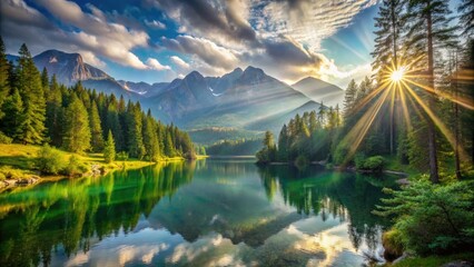 Naklejka premium Vibrant rays of sunlight filter through lush green forest, illuminating majestic mountains and serene lake in the background.