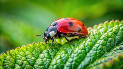 Naklejka premium Vibrant red and black ladybug perches delicately on a lush green leaf, its tiny antennae and legs a sharp contrast to the soft foliage.