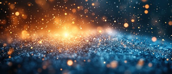 Fototapeta premium Glistening snowflakes falling in a white and blue spotlight, with a golden warm glow.