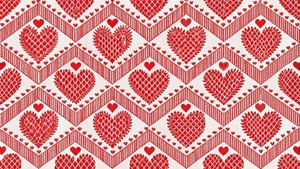 Vibrant red heart pattern repeats on a white background, forming a bold and playful geometric print with intricate details and subtle texture.