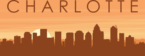 Brown panoramic poster of the city skyline with misty background buildings, sunrise, clouds and mountains of CHARLOTTE, UNITED STATES