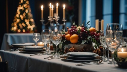 Party Table Set with Feast and Festive Decorations.