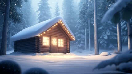 Fototapeta premium Cozy cabin in a snowy forest, Christmas lights, warm glow from windows