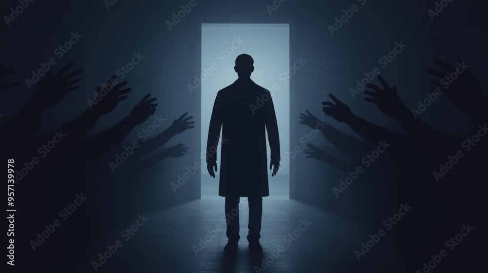 Wall mural a figure stands in the center of a dark room, with shadowy hands pointing at them from all direction