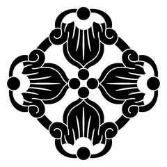 Fototapeta premium Geometrical floral design in old Russian medieval folk style. Cross shape ornament with four stylized flowers. Black and white silhouette.