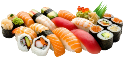 various sushi with salmon, tuna, shrimp, rice, crab, wasabi, ginger, cucumber, avocado,  isolated transparent, png, background
