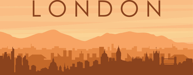 Brown panoramic poster of the city skyline with misty background buildings, sunrise, clouds and mountains of LONDON, UNITED KINGDOM